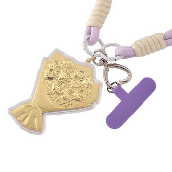 999er Gold Schl&uuml;sselanh&auml;nger im F&auml;cher Design mit Rosenbouquet, Lila Kordel