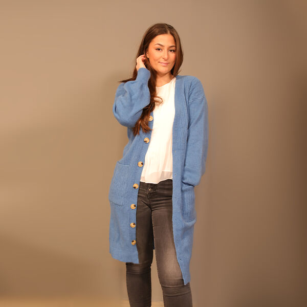 longline coatigan with bottonsMaterial: PBT26%, nylon 32%, acrylic 42%Size:50*90cmWeight:700gColor: blue image number 3