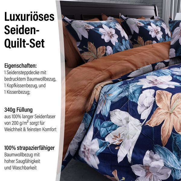 SERENITY NIGHT: 3er-Set - Seidensteppdecke und 2 Kissenbezüge, Blumenmuster, Dunkelblau und Caffe Latte  image number 2