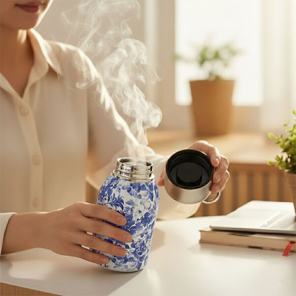 LIVMORE - Isolierflasche aus 316L Edelstahl mit Doppelwand und Blumenmotiv, Blau, f&uuml;r hei&szlig;e und kalte Getr&auml;nke, 260 ml image number 2