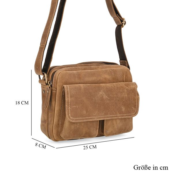 Echtleder-Crossbody-Tasche mit Überschlag und Mehrfachfächern, 25x8x18 cm, Khaki image number 7