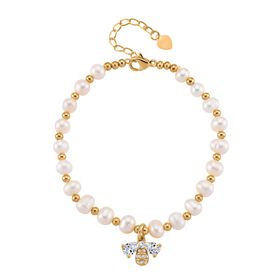 Weiße Süßwasser Perle, Zirkonia Armband ca. Flexibles cm Messing Standard