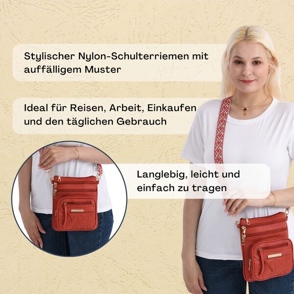 Crossbody-Tasche mit mehreren Reißverschlussfächern und gemustertem Gurt, 19x22cm, Grün image number 3