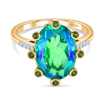 D'Joy Pfau Quarz Triplette, Nat&uuml;rlicher Chromdiopsid Ring 925 Silber 750 Gelbgold vermeil (Gr&ouml;&szlig;e 17.00) ca. 6,60 ct