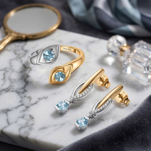 D'Joy blauer Zirkon zweifarbiger Ring und Ohrringe image number 2