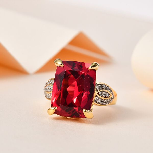 Lab Grown Padparadscha-Saphir, Wei&szlig;er Zirkon Ring, 925 Silber Gelbgold Vermeil (Gr&ouml;&szlig;e 18.00) ca. 15.37 ct image number 2