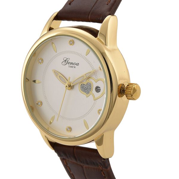 GENOA - Automatik-Armbanduhr mit Herz-Design und Datumsanzeige, Dandong-Uhrwerk, Wei&szlig;es Zifferblatt, Goldfarben, Brauners Lederarmband, 36 mm image number 3