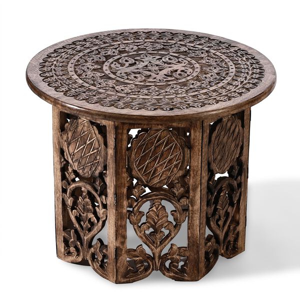 NAKKASHI Handgeschnitzter Couchtisch aus Mangoholz, 68x68x51cm, Braun image number 5