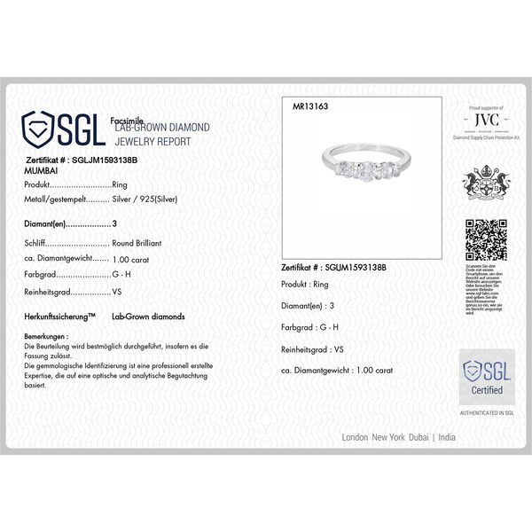 LUXURIANT SGL zertifizierter VS-GH Labor Diamant Ring, 925 Silber rhodiniert - 1 ct. image number 6