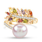 Lila Süßwasser Perle, Mehrfarbiger Zirkonia Ring Nickelfreies Messing, Goldfarben, Flexibles (Größe 17.00-19.00)