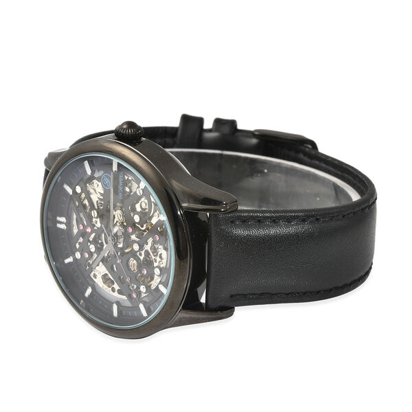 Genoa - Goldfarbene Automatikuhr, transparentes Ziffernblatt, echtes Leder-Armband, wasserdicht bis 5 ATM, Edelstahl IP-Schwarz-Plattierung image number 3