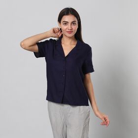 Einfarbiger Knopfleiste Kurzarm Top, Größe L, Dunkelblau