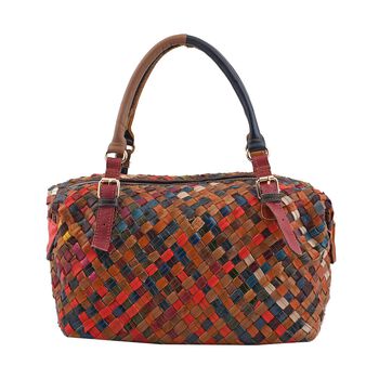 CHAOS BY ELSIE - Gewobene Umh&auml;ngetasche aus echtem Leder, 25x10x21 cm, Karomuster, Orange