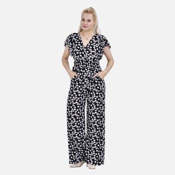 Jumpsuit mit gesmokter Taille und Flatter&auml;rmel, schwarz