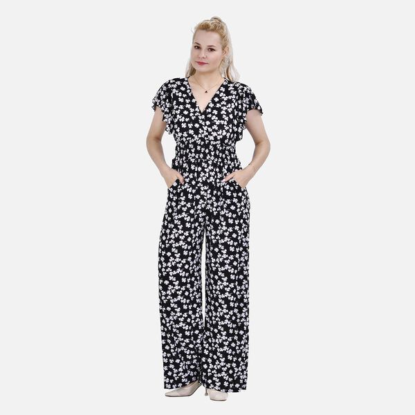 Jumpsuit mit gesmokter Taille und Flatter&auml;rmel, schwarz