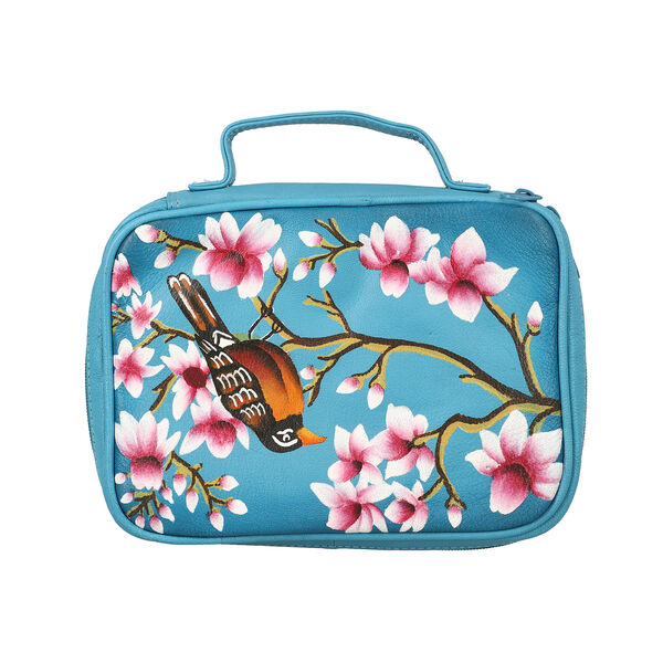 SUKRITI: Handbemalter Schmuckkoffer, Spatz-Muster, Hellblau