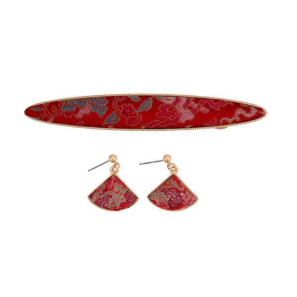 LA MAREY 2er-Set Brokat Seiden-Haarnadel und Ohrringe mit Geschenkbox, Rot image number 0