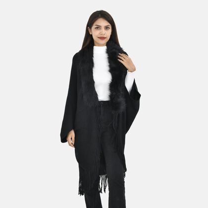 LA MAREY - luxuri&ouml;ser Kunstpelz-Kimono mit Fransen, 114x109cm, schwarz