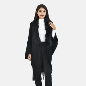 LA MAREY - luxuriöser Kunstpelz-Kimono mit Fransen, 114x109cm, schwarz