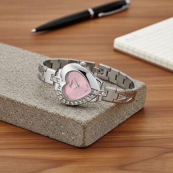 GENOA TIME - Herz-Armbanduhr Legierung, nickelfreies Messing, silberfarben, mit wei&szlig;en Kristallen, Zifferblatt Rosa-Sunshine, 3 ATM wasserdicht