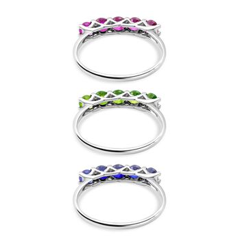 Rubin, nat&uuml;rlicher Chromdiopsid und Masaola Saphir 3er-Ringset, 925 Silber platiniert ca. 6.25 ct