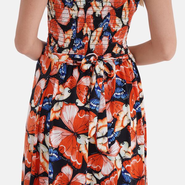 Schulterfreies, gesmoktes Kleid mit rosa Blumenmuster und G&uuml;rtel, Mehrfarbig image number 5