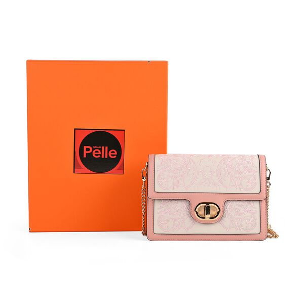 Grand Pelle Umhängetasche aus echtem Leder, Stickerei, Klappverschluss, Kettenriemen, 23x8x16 cm, Rosa image number 7