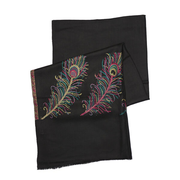 LA MAREY- 100% Kaschmirwolle Schal mit gewebten Federmotiven, Schwarz, 70x200cm image number 5