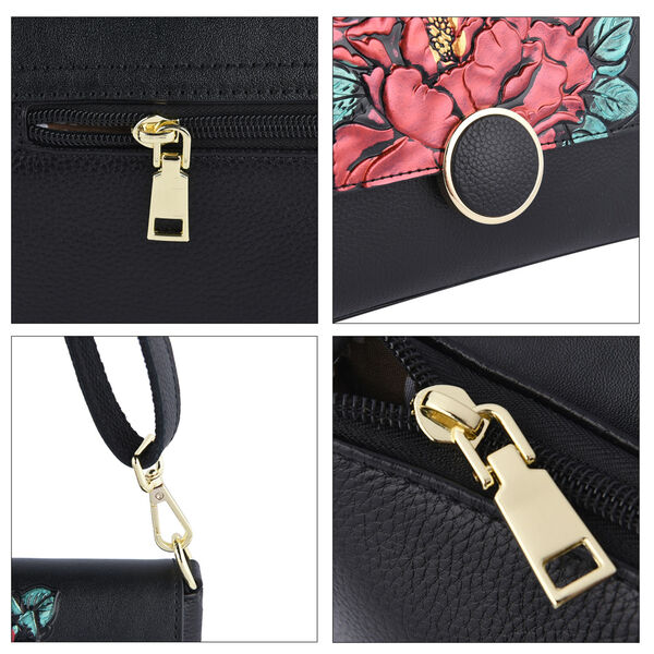 Umh&auml;ngetasche aus 100% echtem Leder, Pfingstrosen-Muster, Gr&ouml;&szlig;e 25x7x15 cm, Schwarz image number 6