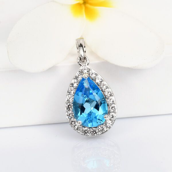 Schweizer Blautopas und Zirkon Halo-Anh&auml;nger, 925 Silber platiniert ca. 5,17 ct image number 3