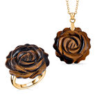 2er Set - Handgeschnitzter Gelbes Tigerauge Anhänger mit Kette und Ring (Größe 16.00), goldfarben, ca. 30.00 ct