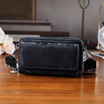 Crossbody-Tasche mit RFID-Schutz und Muster-Schulterriemen, 19x6x11 cm, Schwarz