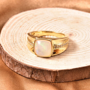 Nat&uuml;rlicher &Auml;thiopischer Opal und Zirkon Ring 925 Silber Gelbgold-&Uuml;berzug
