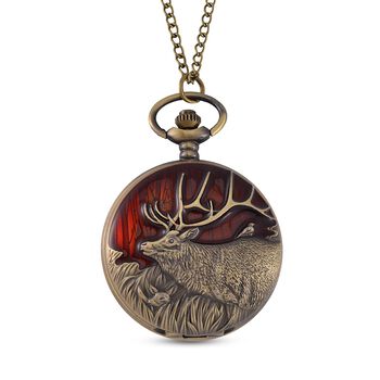 STRADA Antike Bronze Hirschmuster Taschenuhr, Japanisches Werk, 79 cm antike bronzene Eisenkette