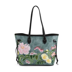 Bestickter Shopper, Kunstleder, Blumen Design, 46 x 15 x 28 cm, Blau
