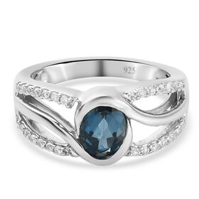London Blauer Topas und Zirkon Ring 925 Silber Platin-Überzug
