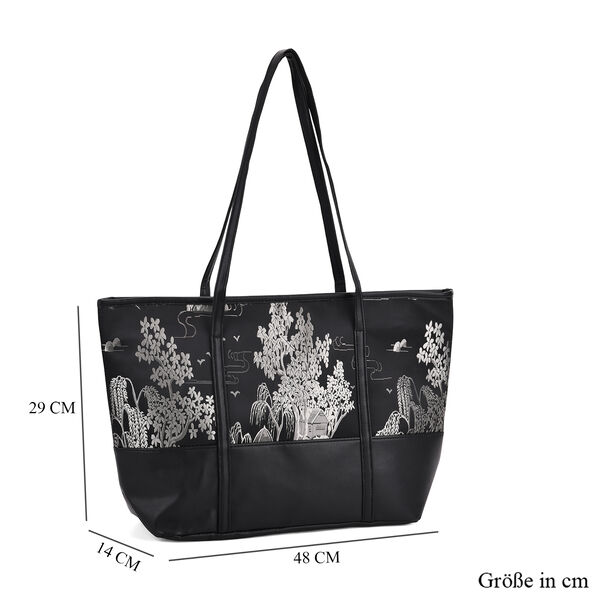 Gro&szlig;e Tragetasche mit Blumenmuster, 48&times;29&times;14 cm, Schwarz image number 6
