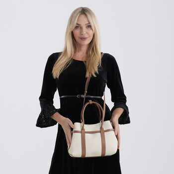 Echtleder Shopper Set, 2-teilig, Magnetfach, Rei&szlig;verschlussf&auml;cher, 35x11x20cm, Wei&szlig; und Braun