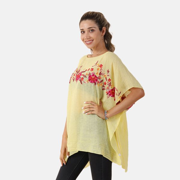 T-Shirt mit Blumen-Stickerei, Gelb, Einheitsgr&ouml;&szlig;e image number 3