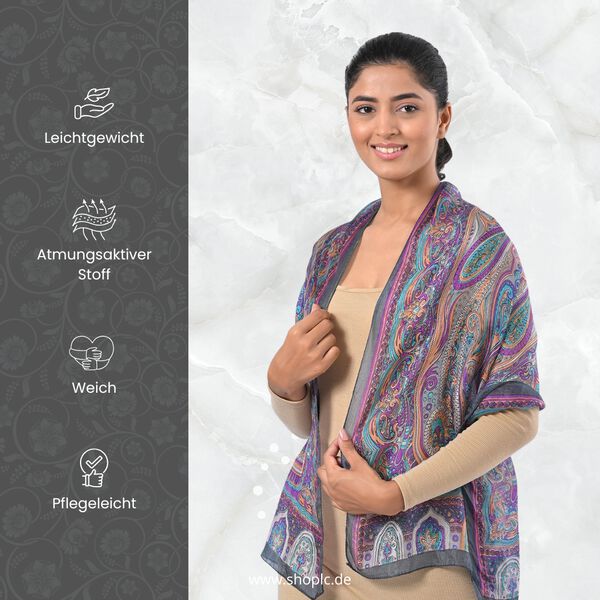 Bedruckter Schal aus 100% Seide, Mehrfarbiges Muster und graue Bordüre, 70x200 cm image number 3