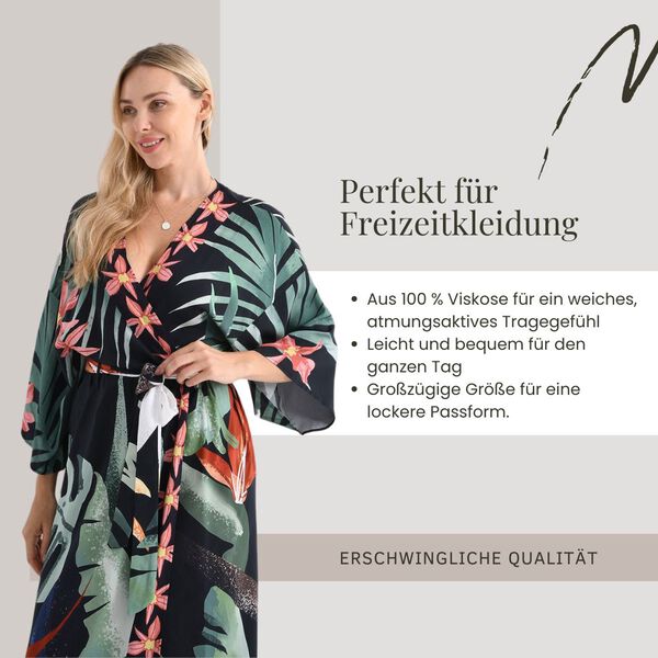 Kimono mit Gürtel, tropischem Blättermuster, 128×78 cm, Schwarz image number 3