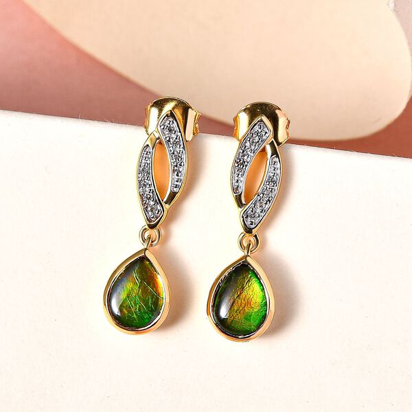 Kanadischer Ammolit und wei&szlig;e Zirkon-Ohrringe, 925 Silber Gelbgold Vermeil ca. 2.14 ct image number 2