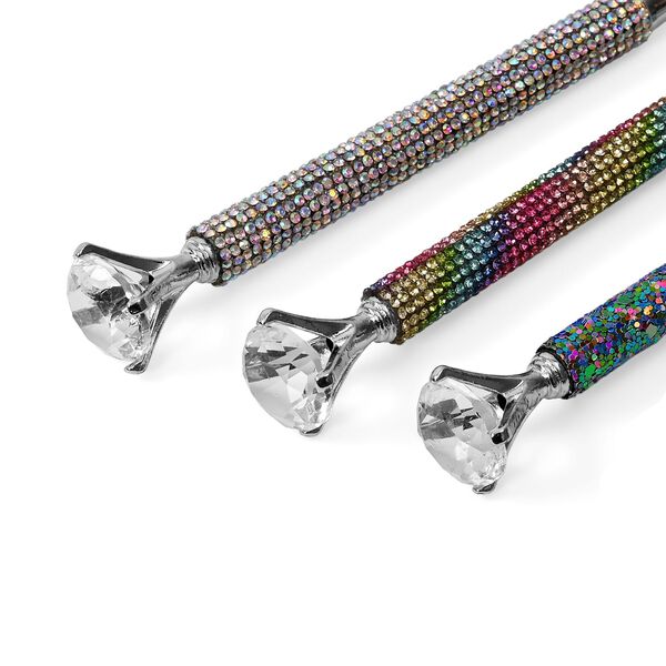 3er-Set Kugelschreiber mit Strassbesatz und Diamantspitze, inkl. 3 blauer Ersatzminen, 15cm,, Mehrfarbig image number 6