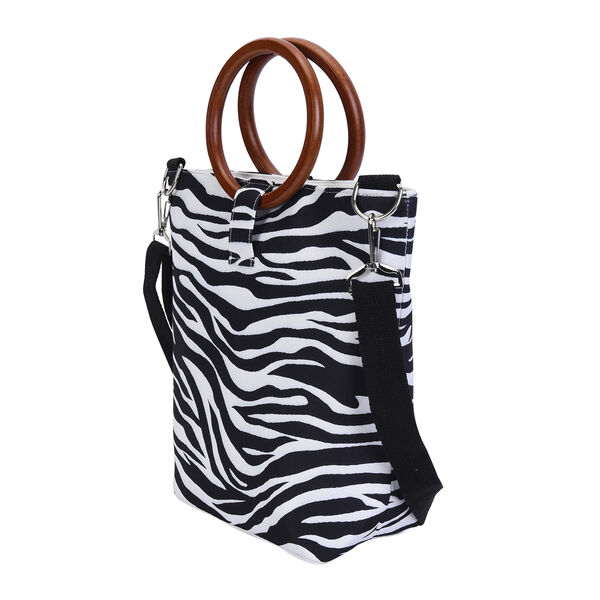 Handtasche mit Holzgriff, Zebramuster, Gr&ouml;&szlig;e 32x12x29cm, Schwarz und Wei&szlig; image number 1