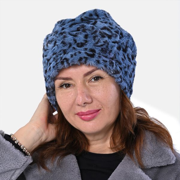 2 in 1 Infinity Schal und M&uuml;tze, Leopardenmuster, Blau image number 0