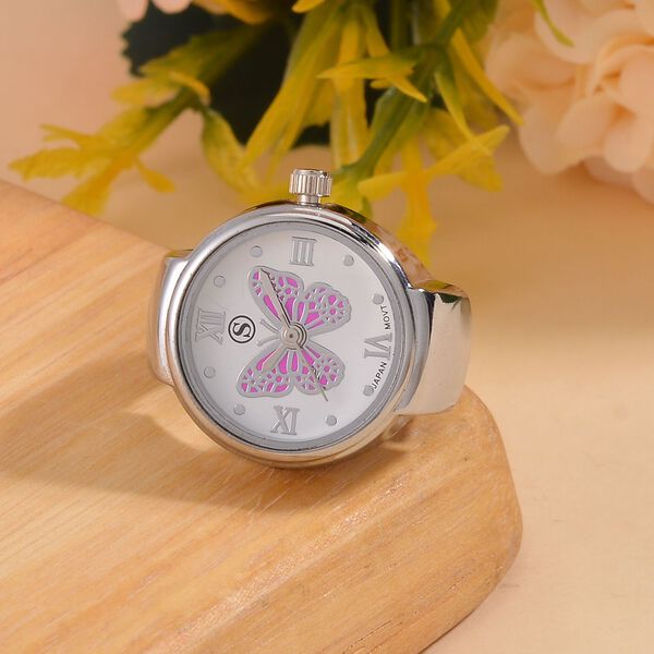 Neueinführung - STRADA Japanisches Uhrwerk, Wasserdicht Rosa Schmetterlingsmuster Biegsame Fingeruhr aus reinem Edelstahl image number 1