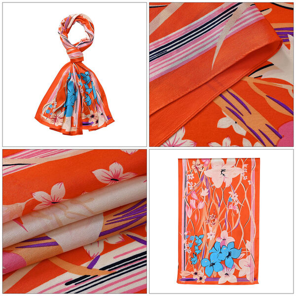 LA MAREY – Satinschal aus Maulbeerseide, Orange mit Blumenmuster image number 5