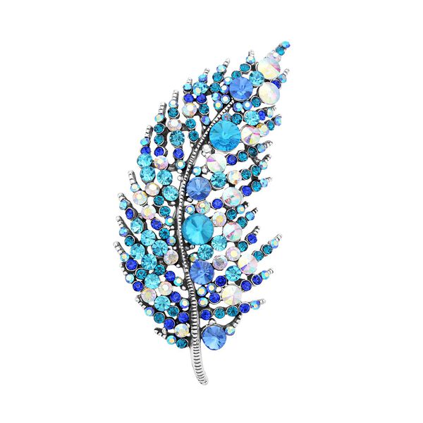 Silberfarbene Feder-Kristallbrosche, blau
