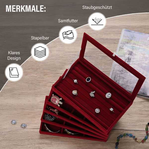 5-lagige stapelbare 26x15x14,5 cm Schmuckbox mit 5 Silber-Poliert&uuml;chern, Rot image number 4