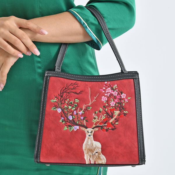 Bestickte Crossbody-Tasche, Rentier-Design, 25x11x21cm, Rot image number 4